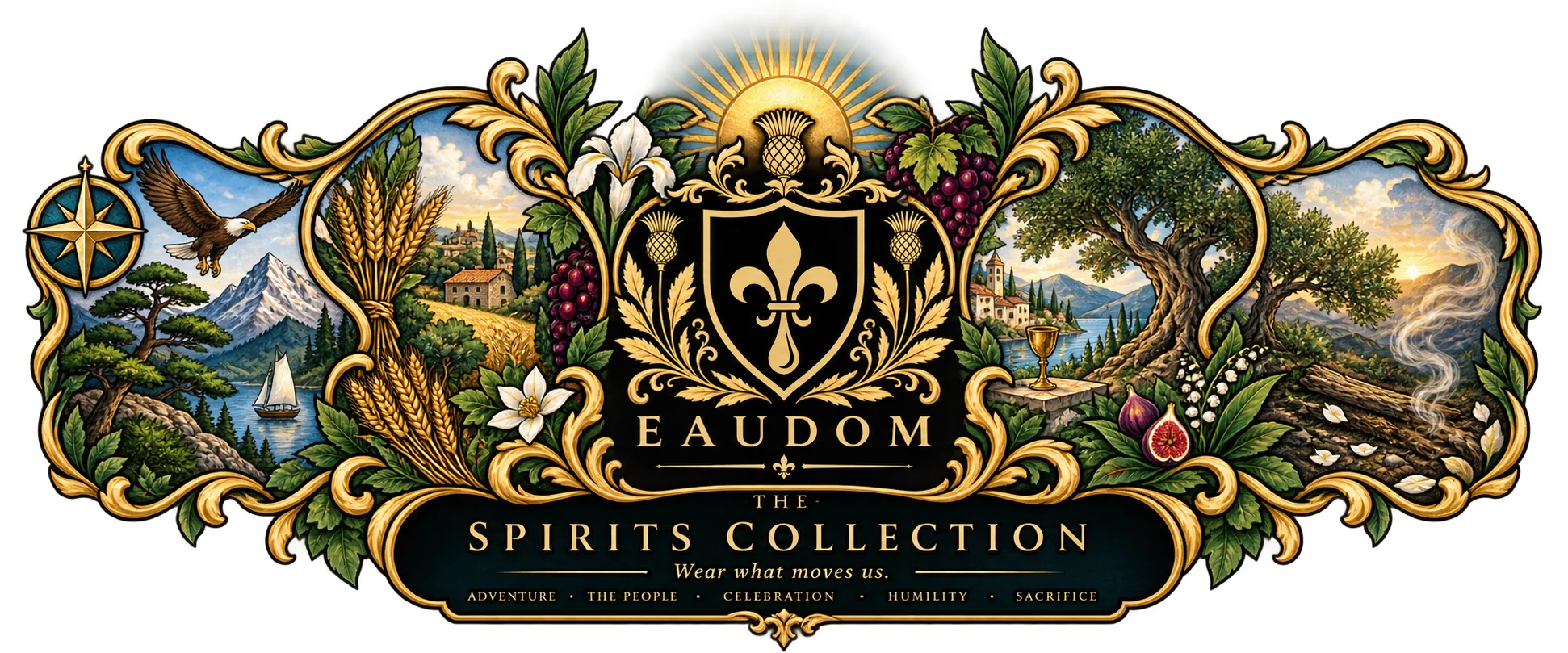 Eaudom — The Spirits Collection. Wear what moves us. Adventure, The People, Celebration, Humility, Sacrifice.